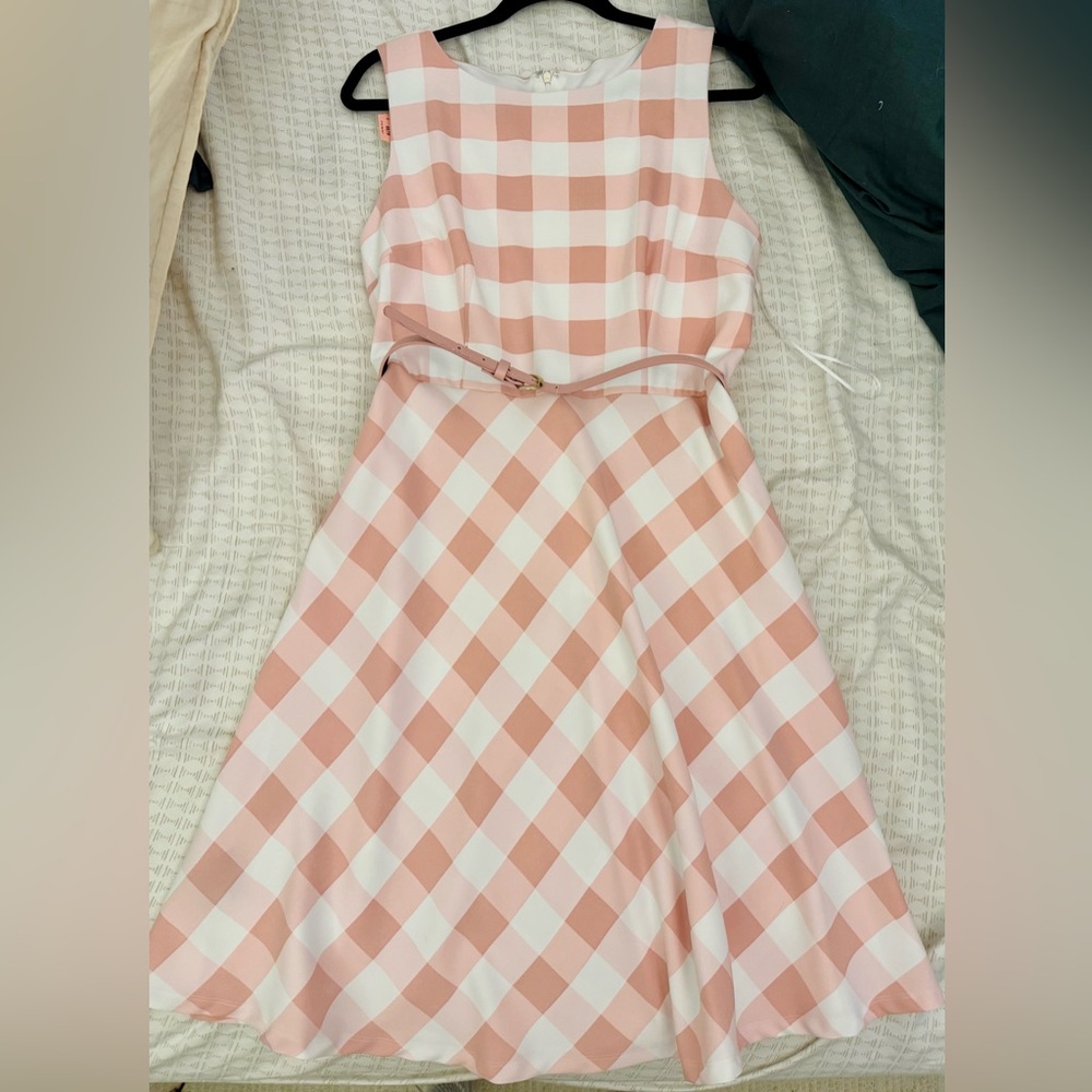 Pink and White Checkered Belted Dress